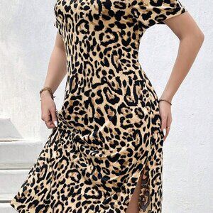 SHEIN Leopard Print Short Sleeve Dress - Size - 2X